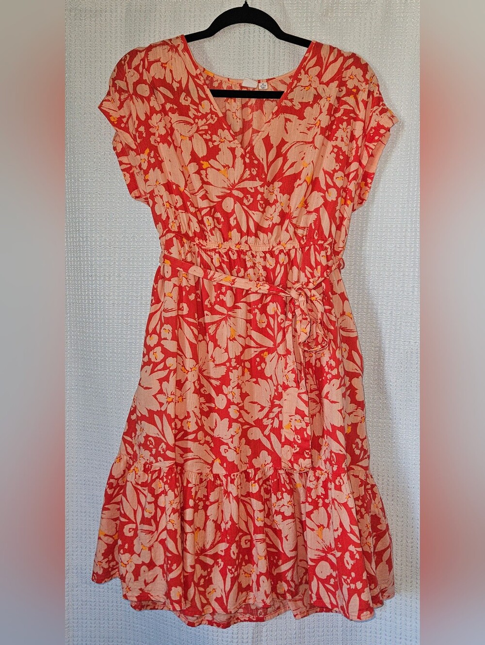 GAP Coral and Pale Pink Floral Tie-Waist Midi Dress
